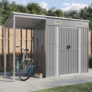 Domek narzędziowy metalowy z wiatą 277x110,5 cm 3,1 m² jasnoszary, stal