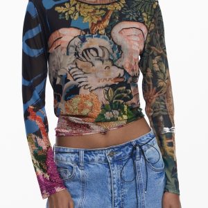 DAMSKI T-SHIRT Z DŁUGIM RĘKAWEM DESIGUAL W KOLORZE CZARNYM